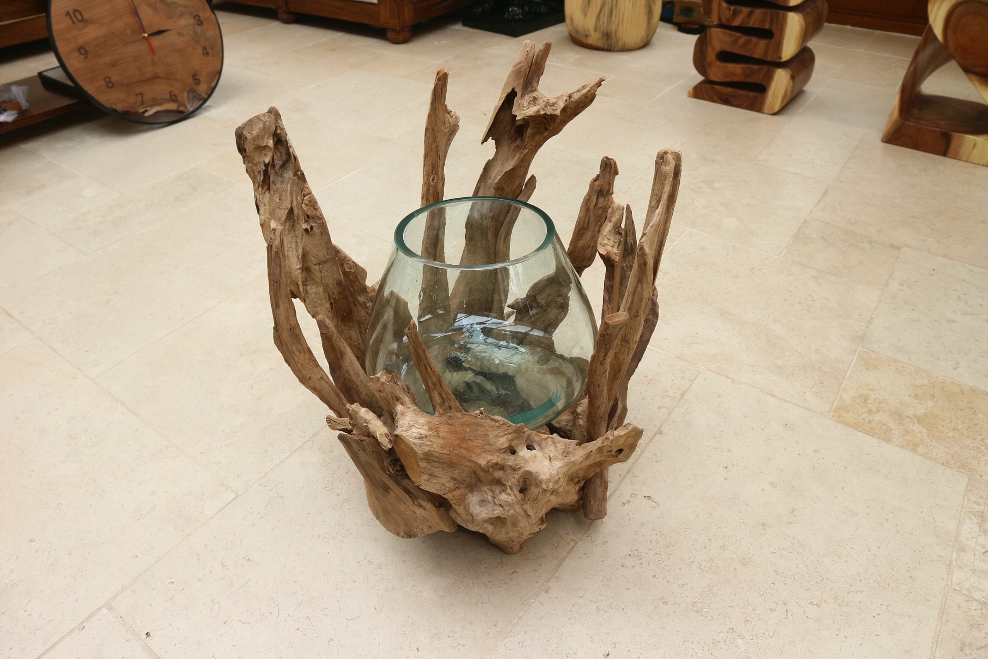 Badai Root Glass front angle showing teak root and open glass vessel