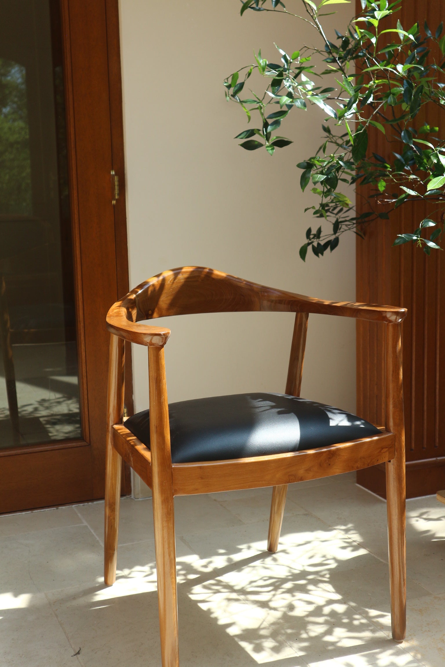 Front view of the Cahaya Chair, showing its curved teak backrest and black upholstered seat, bathed in natural light with leafy shadows on the floor.
