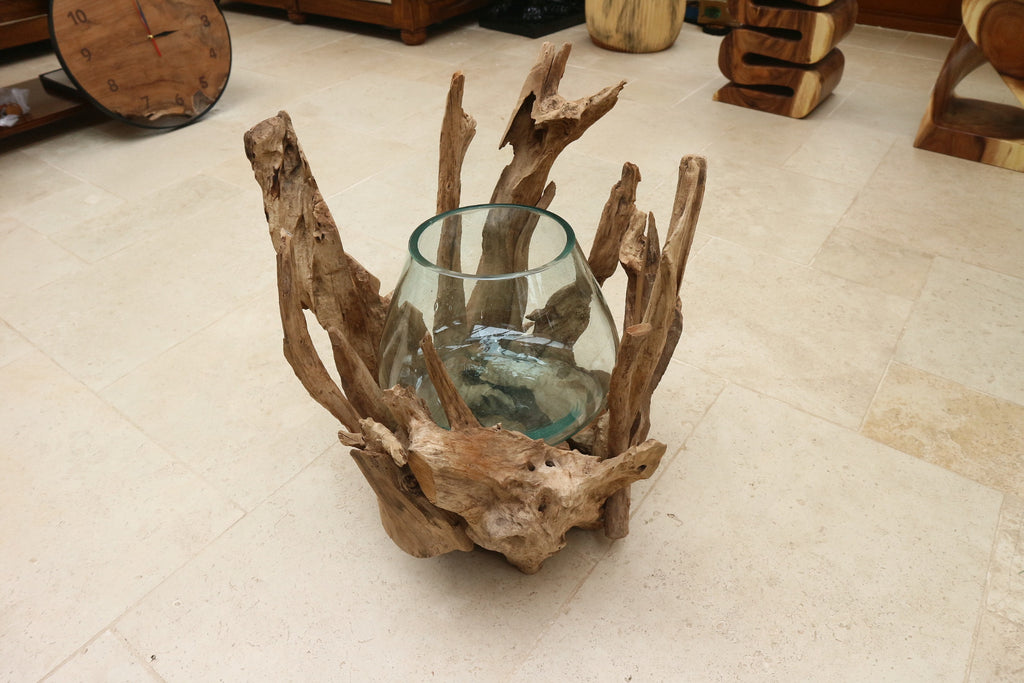 Badai Root Glass front angle showing teak root and open glass vessel